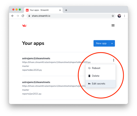 Streamlit's 'your apps' page highlighting the 'Edit secerets' link
